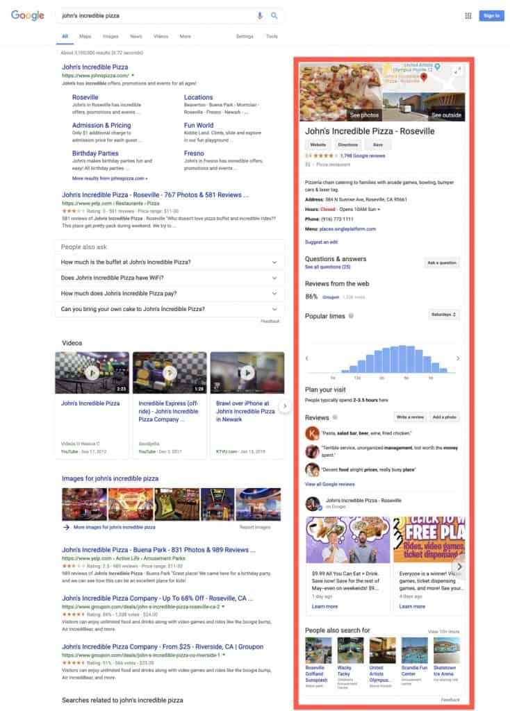 Google brand search with business knowledge panel information.