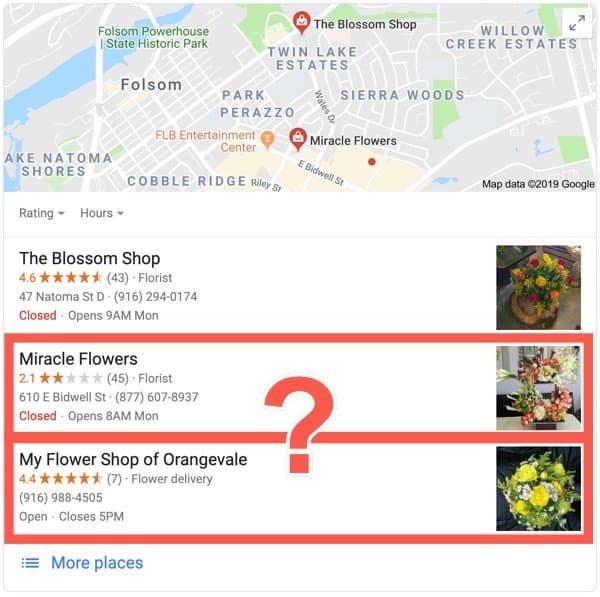 Google business search for a florist with different review quantities and qualities.