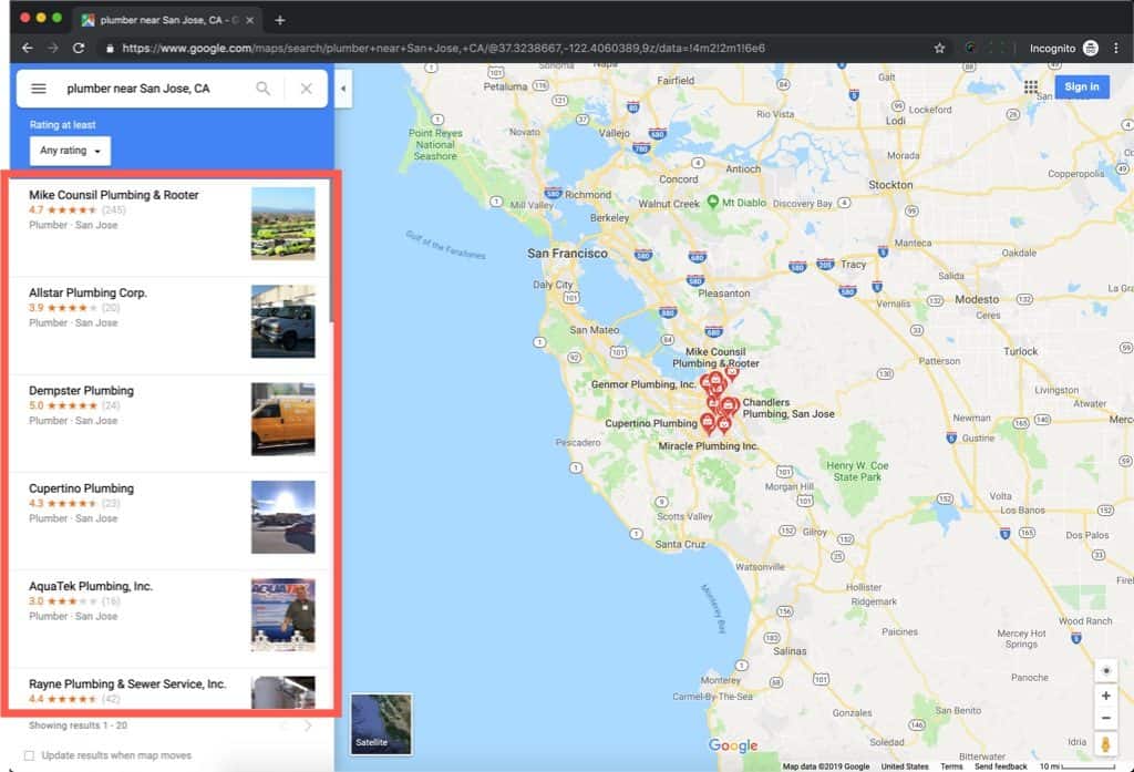 Google Maps Business Search on a Desktop