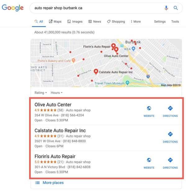 Google search results for auto repair shop burbank ca.