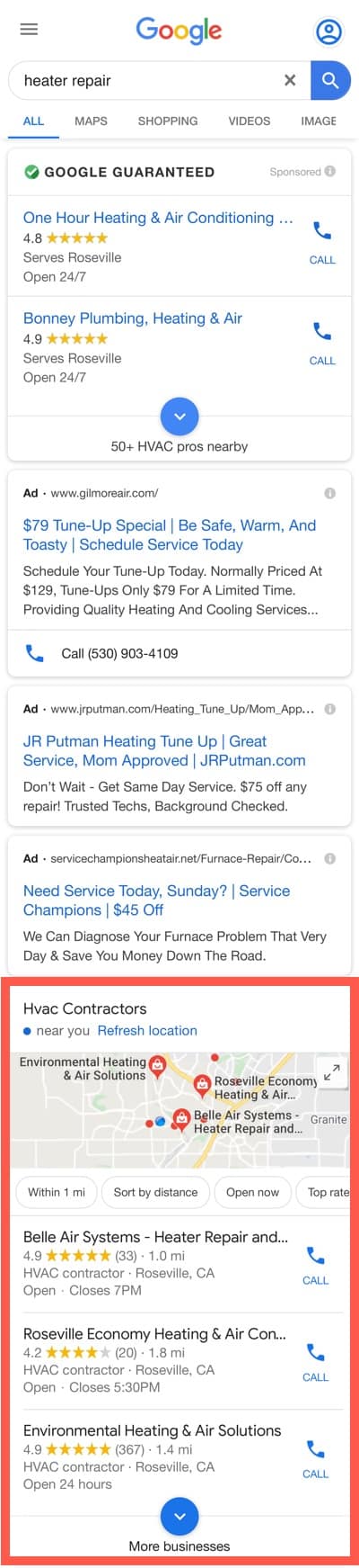 Google mobile search for heater repair.