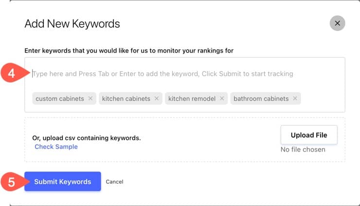 Add new keywords in Loclmark to track in search results.