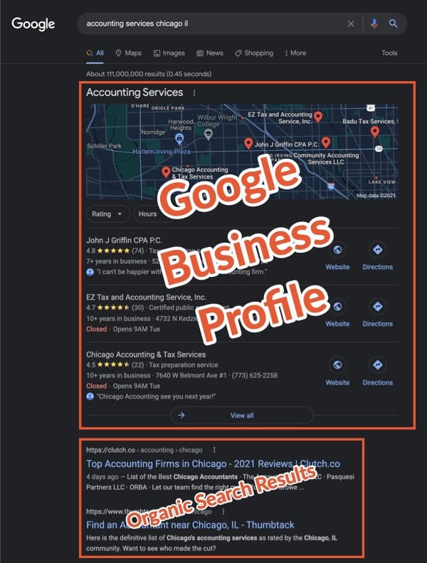 Google search results for accounting services in Chicago, IL