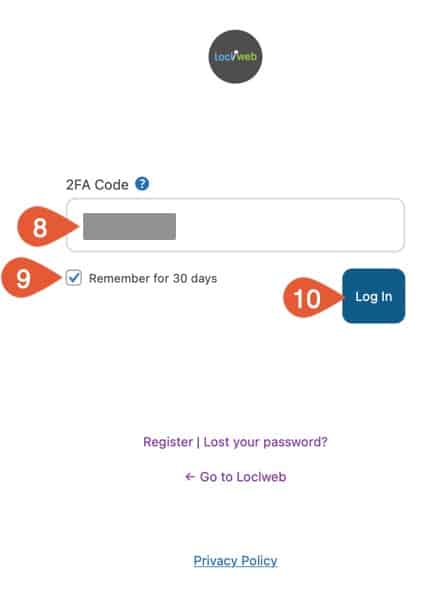 Entering the 2FA code to log into your Loclweb website.