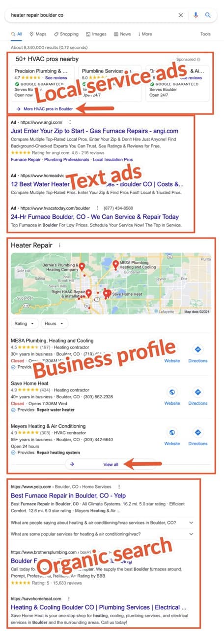 Google search results for "heater repair boulder co."