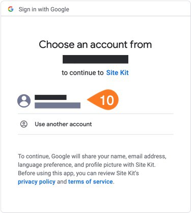 Google Site Kit Setup on Loclweb choose Google account.