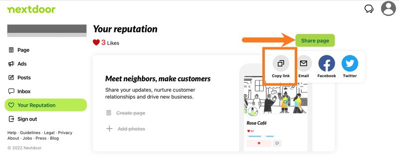 Nextdoor business reputation page with link