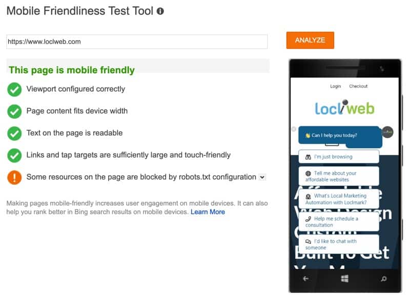 Bing Mobile Friendliness Test Tool