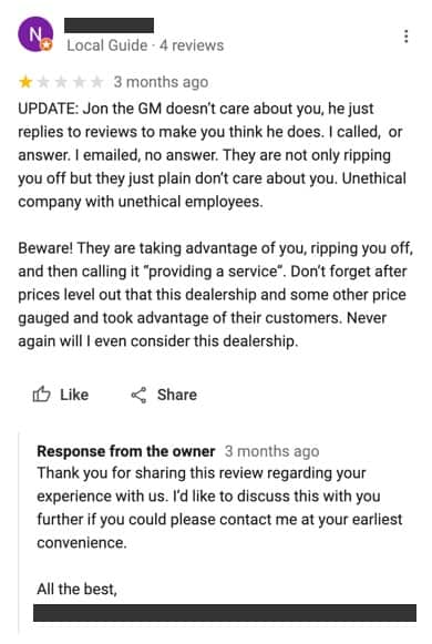 A Google review gone wrong by trying to take it offline without providing a resolution then not responding.