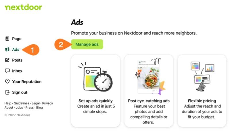 Nextdoor Ads Tab to Manage ads.
