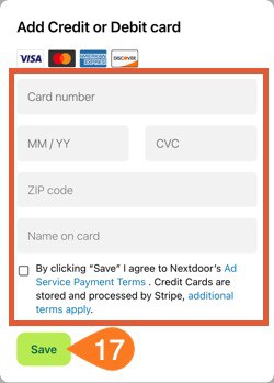 Nextdoor advertising enter credit card information.