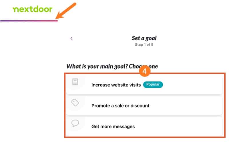 Nextdoor advertising select main goal.