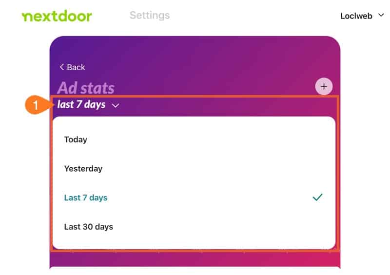 Nextdoor ad stats duration selection.