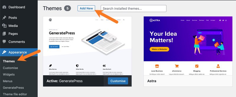 How to access the WordPress theme repository and install a new theme.