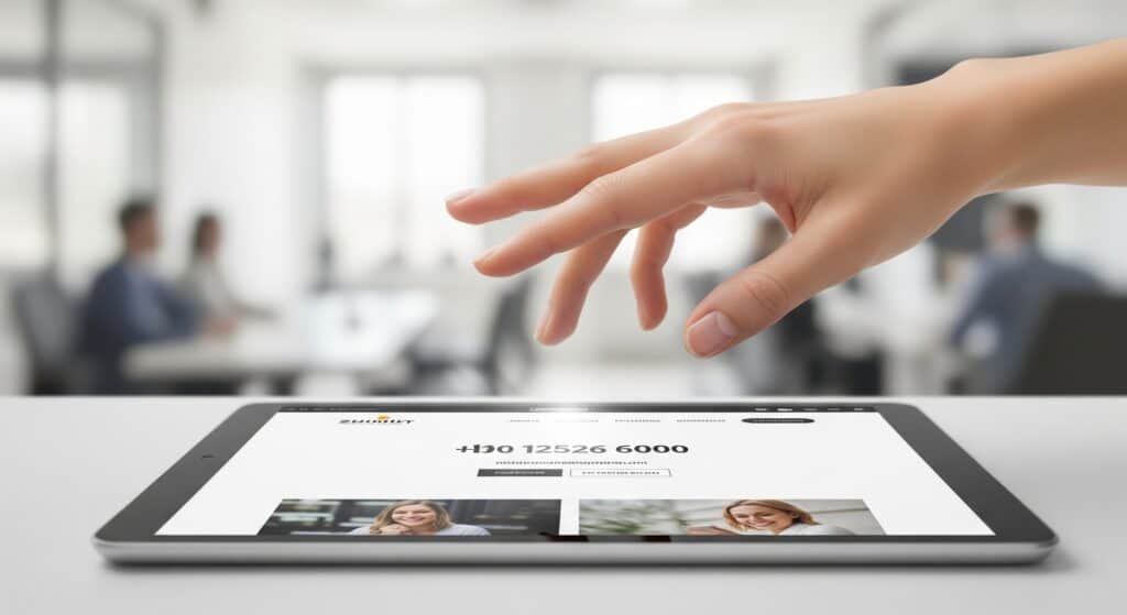 A hand hovering over a tablet displaying a clean, modern website.
