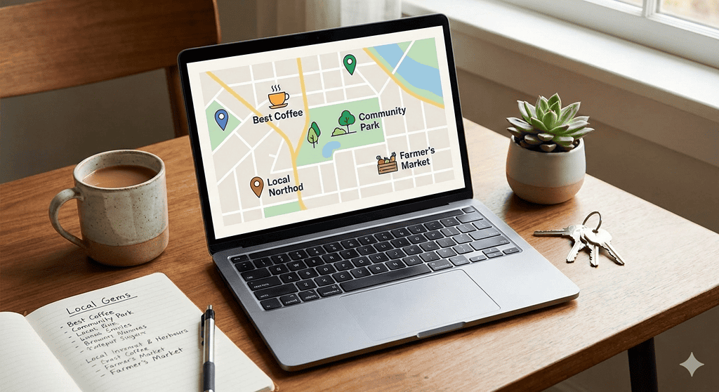 A modern laptop on a wooden desk displaying a local neighborhood map with pins for community spots like coffee shops and parks, next to a notebook titled 'Local Gems' and a coffee mug.